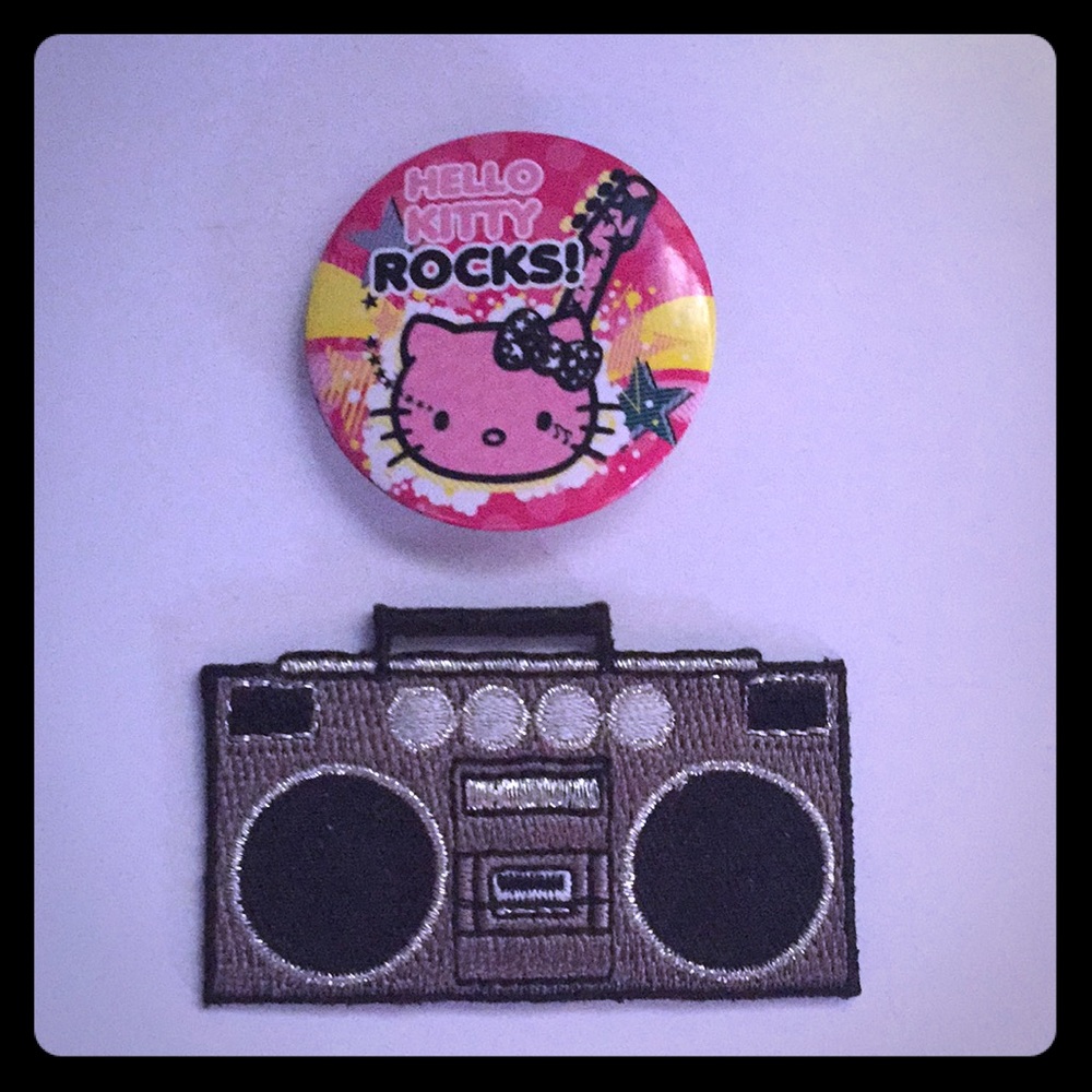 Hello Kitty pin and Boombox patch